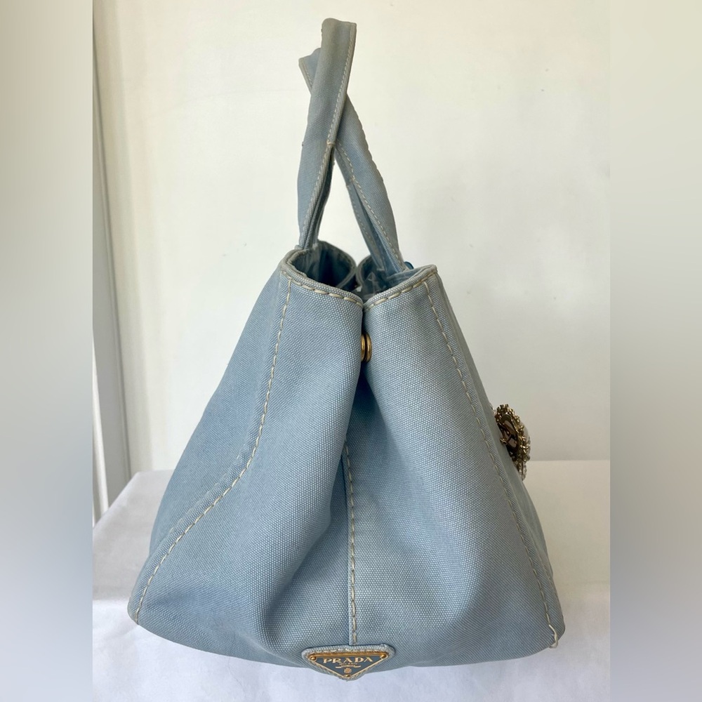 Prada Light Blue Denim Tote, Custom Embellished with 14 Vintage Brooches,16x9x10 - Picture 5 of 16